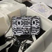 CHANEL Sequin Embroidered Medium Flap Black White #A49210
