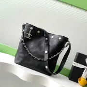 Chanel Black Quilted Leather Bucket Bag With Chain And Logo Accents #A50981