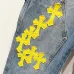 Chrome Hearts Style Blue Denim Jeans With Yellow Cross Patches For Bold Street Fashion #A54278