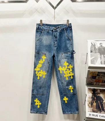 Chrome Hearts Style Blue Denim Jeans With Yellow Cross Patches For Bold Street Fashion #A54278