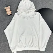 Chrome Hearts White/Black/Blue Hoodie Featuring Gothic Cross and Letter Embroidery Artwork #A54266