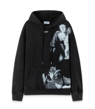 Off - White Washed Black Hoodie With Artistic Religious Print And OFF Logo #A54330