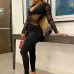 Deep V Neck Gauze Patch Black Jumpsuit 